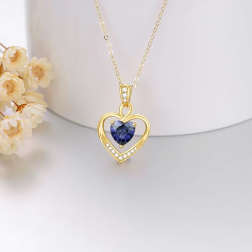 14K Gold Birthstone Heart Necklace for Women, Dainty Yellow Gold Colored Gemstone Love Heart Pendant Forever Love Jewelry Gift for Her,Mom, Wife 16"-18"2