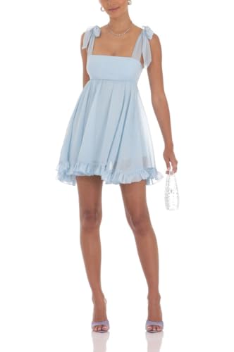 Image of Women Y2k Tie Shoulder Mini Dress Sleeveless Flowy Babydoll Dress Boho Floral Aline Short Sundress