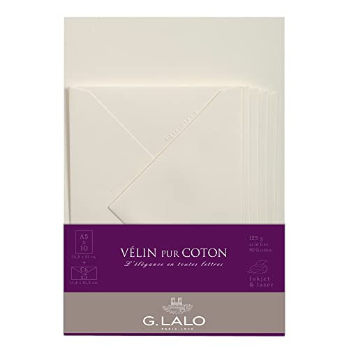 G. Lalo - Clairefontaine 61000L - Un ensemble de correspondance comprenant 10 feuilles A5 125 g et 5 enveloppes gommées 11,4 x 16,2 cm, Vélin pur coton, Crème Ivoire