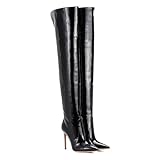 Bottes au-Dessus du Genou en Cuir Verni à Talons Aiguilles pour Femmes Bottes Sexy à Bout Pointu Bottes Hautes à Talons Hauts Bottes Hautes Classiques à Enfiler Couleur Unie,Noir,40 EU
