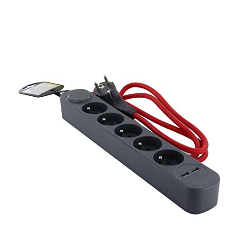 Regleta gris y cable textil rojo con 2 USB - 1,5m