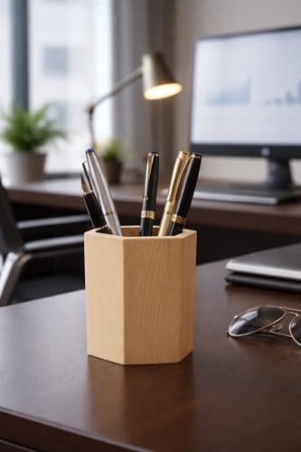 Image of ᵀᴹ Diamond Shaped Wooden Pencil /Pen Holder -Cherry & Sheesham Wood Desk Organizer, Wooden Minimalist Pen Box, Home Office Decor, Gift for Kids (Cylindrical)