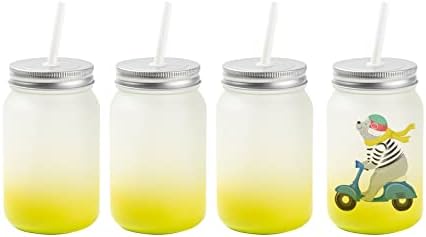 Sublifun 4 Pack Frosted Sublimation Glass Mason Jars Lemon Yellow 15 OZ 450 ML Regular Wide Mouth Mugs Cups with Lid and Straw for Tumbler Heat Press