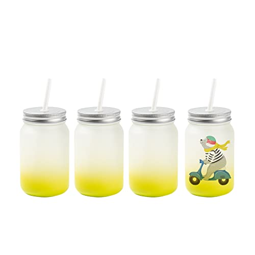 Sublifun 4 Pack Frosted Sublimation Glass Mason Jars Lemon Yellow 15 Oz 450 Ml Regular Wide Mouth Mugs Cups With Lid And Straw For Tumbler Heat Press #TOP7