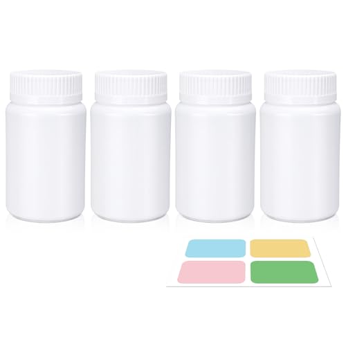 Image of White Pill Bottle, Empty Medicine Bottles with Screw Caps for Pills Capsules Vitamins, Food Grade Plastic Medicine Containers with Labels for Travel (3.4oz /100ml, 4 Pcs)