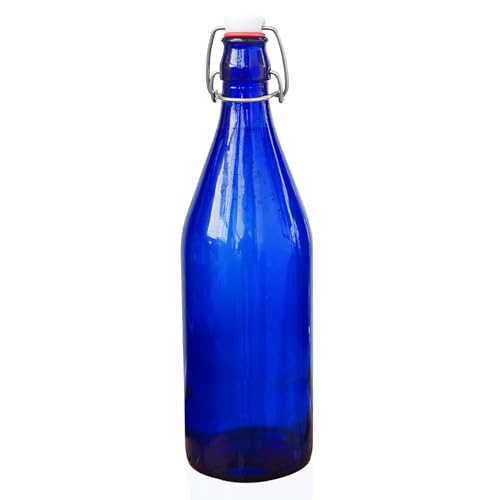 Image of Pure Source India Leak-Proof Reusable Blue Glass Water Bottle 1L with Airtight Steel Lock (Set of 12)
