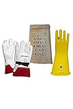 Enespro Class 2 Yellow Rubber Voltage Insulating Glove Kit with Leather Protectors, Max. Use Voltage 17,000V AC/ 25,500V DC (KITGC2Y11)