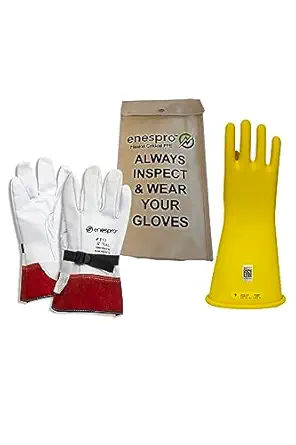 Enespro Class 2 Yellow Rubber Voltage Insulating Glove Kit with Leather Protectors, Max. Use Voltage 17,000V AC/ 25,500V DC (KITGC2Y09)