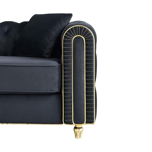 Image of KEIKI 86 inch Chesterfield Velvet Button Tufted Sofa with High Density Foam Cushions and 2 Toss Pillows, Modern Style 3-Seater Couch with Gold Strip Trim Decoration, Easy Assembly, for Living Room, Black