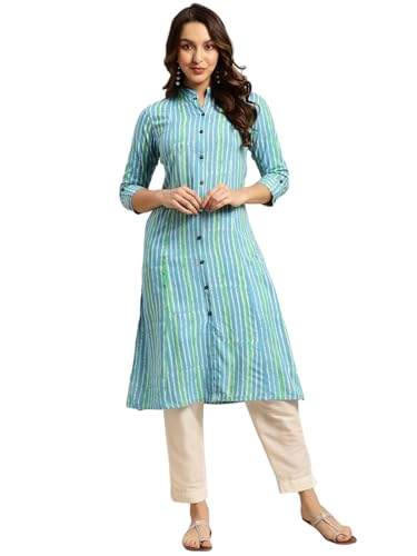 Image of rangita Women's Rayon Relaxed Fit Straight Calf Length Striped Front Slit Kurti | Kurta