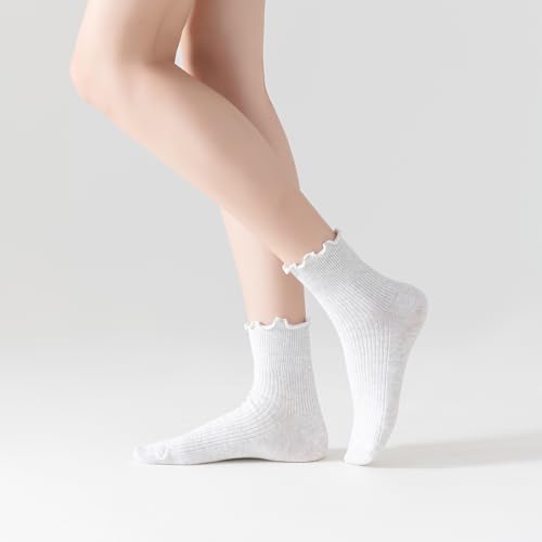 Mcool Mary Women's Ruffle Socks,Turn-Cuff Casual Cute Ankle Warm Cotton Knit Lettuce Frilly White Socks for Women 6 Pack4