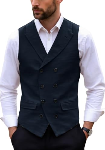 Men's Double Breasted Linen Suit Vest V-Neck Lightweight Slim Fit Waistcoat for Party2