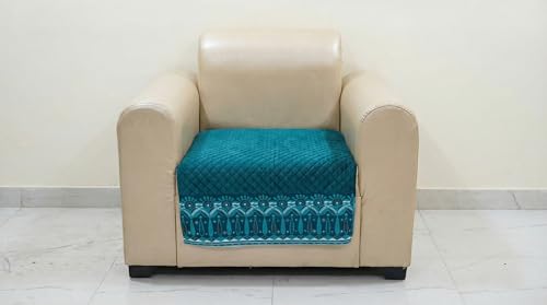 Image of Velvet Quilted Sofa Cover Mat Seat & Back, 1 Seater, L23in H32in, Peacock Blue Color,Anti Skid Backing, 6in Hanging Strap Design, Washable Soft, Anti S, Style -PeacockBlue-S1