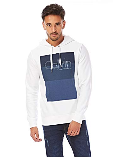 Calvin Klein Jeans Mens Logo-Print Fleece Hoodie Standard White