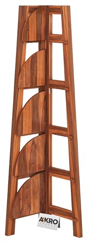Image of Sheesham Wood Corner Shelf for Living Room Bedroom Home | 5 Tier Corner Bookshelf | Wooden Ladder Bookcase Display Unit (Honey Finish)