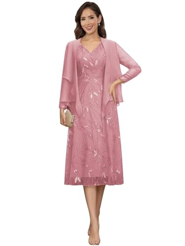 Image of 2 Pieces Mother of Bride Dresses with Jackets - Sequin Lace Chiffon A-Line Tea Length Formal Evening Dresses for Women