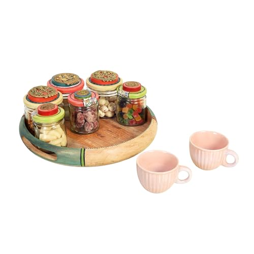 Image of AAKRITI ART CREATIONS Handcrafted Wooden Tray Set with 6 Colorful Painted Glass Jars and 2 Ceramic Cups | Dhokra Madhubani Fusion Art | Glossy Wood Tray | Kitchen & Serving Organizer