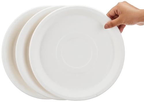 Image of Amazon Basics Bagasse Disposable Round Plates | 11 Inch - Pack of 50 | Biodegradable | Leak-Resistant | Hot & Cold Food Safe | Eco-Friendly | Party, Weddings, Birthdays, Events, Travel Plates
