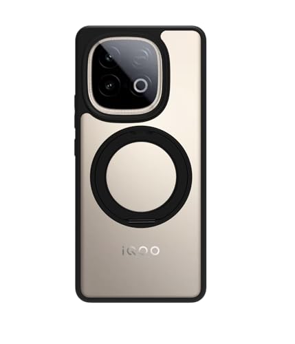 Image of RIGGEAR Shockproof Sleek Hybrid Armor 360 Rotating Magnetic Ring Stand Back Cover Case Compatible with MagSafe Accessories for iQOO Neo 10 5G (Clear PC + Black TPU Bumper)