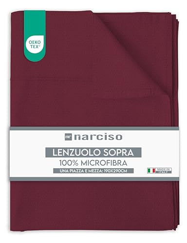 NARCISO Drap de dessus une place et demie 180 x 290 cm, en microfibre, couleur unie, drap plat sans angles, 1 place et demie, respirant et hypoallergénique, fabriqué en Italie (1,5 P, Bordeaux)