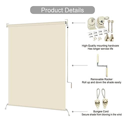 ZY Blinds Exterior Blackout Cordless Window Blinds, Waterproof Beige Fabric Outdoor Roller Shades, Sunlight Protection Pull Shade Privacy Screen for Deck, Porch, Balcony, Backyard