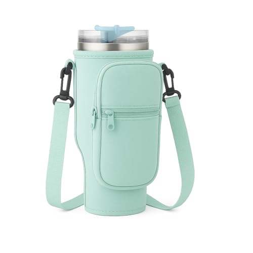 Bolsa Porta Garrafa, Squeeze, Copo Térmico Com Alça Ajustável Shoulder Bag com bolso para celular, de neoprene, com alça ajustável, tampa para canudo e mosquetão (Verde Claro)