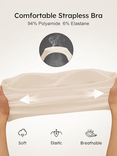 Image of Strapless Bras for Women, S-XL, Non-Slip Silicone Padded Bandeau Bra with Free Clear Strap, Wireless Tube Top Bralette