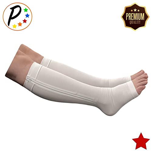 Image of Presadee Premium 20-30 mmHg Firm Compression Leg Calf YKK Zipper White Socks (Open Toe, 3)