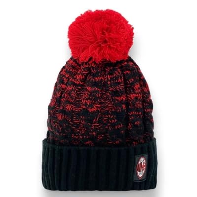 ACM 1899 Berretto Ufficiale AC Milan con Pompon – Rosso/Nero Melange, Risvolto a Coste e Stemma Acrilico – Cappello Invernale Unisex