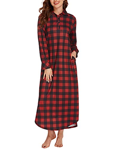 Ekouaer Women's Cotton Nightgown Long Sleeve Plaid Sleep Shirts Button Down Sleepwear with Pockets2