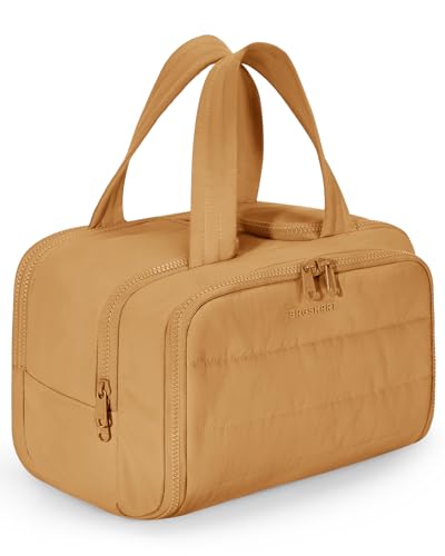 Image of BAGSMART Travel Toiletry Bag, Crush Toiletry Bag for Women, Wide-open Puffy Toiletry Bags for Traveling, Large Travel Cosmetic Makeup Bag Organizer for Accessories,Toiletrie (Brownstone Yellow)