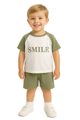 Image of Bold N Elegant Unisex Kid Cotton Solid Playful Happy Face Print Half Sleeve T-Shirt & Denim Shorts Summer Clothing Set