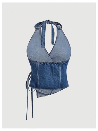 SHENHE Women's Halter Neck Denim Wrap Top Side Tie Backless Vintage Jean Top Shirt2