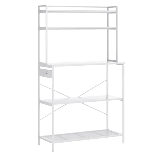 ZENITHLIVING 5-Tier Bakers Rack with Electrical Outlets, 39 Inch Microwave Stand, Coffee Bar Kitchen Storage Shelf, Black Engineered Wood (White)