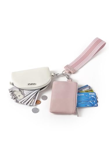 Image of CLUCI Keychain Wallet for Women PU Leather Coin Purse Detachable Dual Pouch Wristlet Wallet Zipper Pocket Pink With Brown