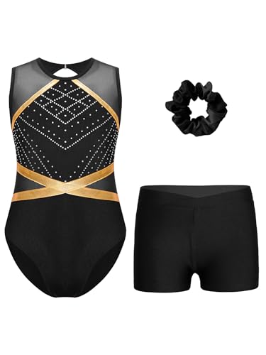 iEFiEL Mädchen Turnanzug Glitzer Strass Gymnastikanzug Tanzbekleidung Set mit Haarband Glänzende Leotard und Shorts Gymnastik Outfits Schwarz 134-140