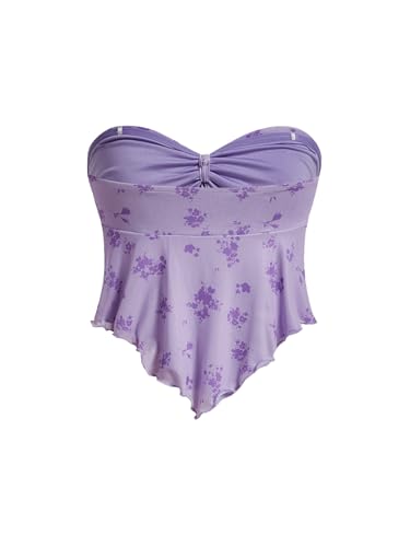 SHENHE Women's Floral Strapless Tie Front Lettuce Trim Asymmetrical Flare Boho Tube Top2