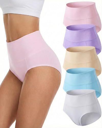 TDONE Unterhosen Damen Hohe Taille Stretch Baumwolle Atmungsaktives Hipster Weich Panties Bauchweg Unterwäsche Slips für Frauen 5er Pack