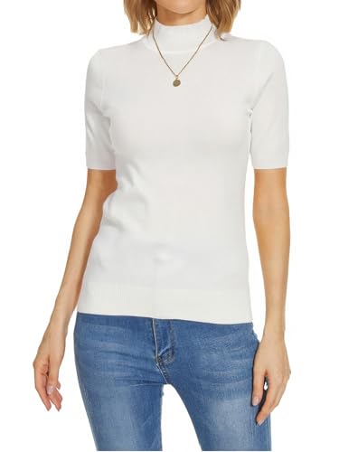 Image of Women's Short Sleeve Sweater Dressy Shirt Mock Neck Turtleneck Pullover Tops Knit Tee White M