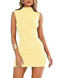MIYIEONZ Women's Sexy Summer Casual Mock Neck Sleeveless Bodycon Dresses Small Yellow Ruched Turtleneck Cocktail Party Mini Dress
