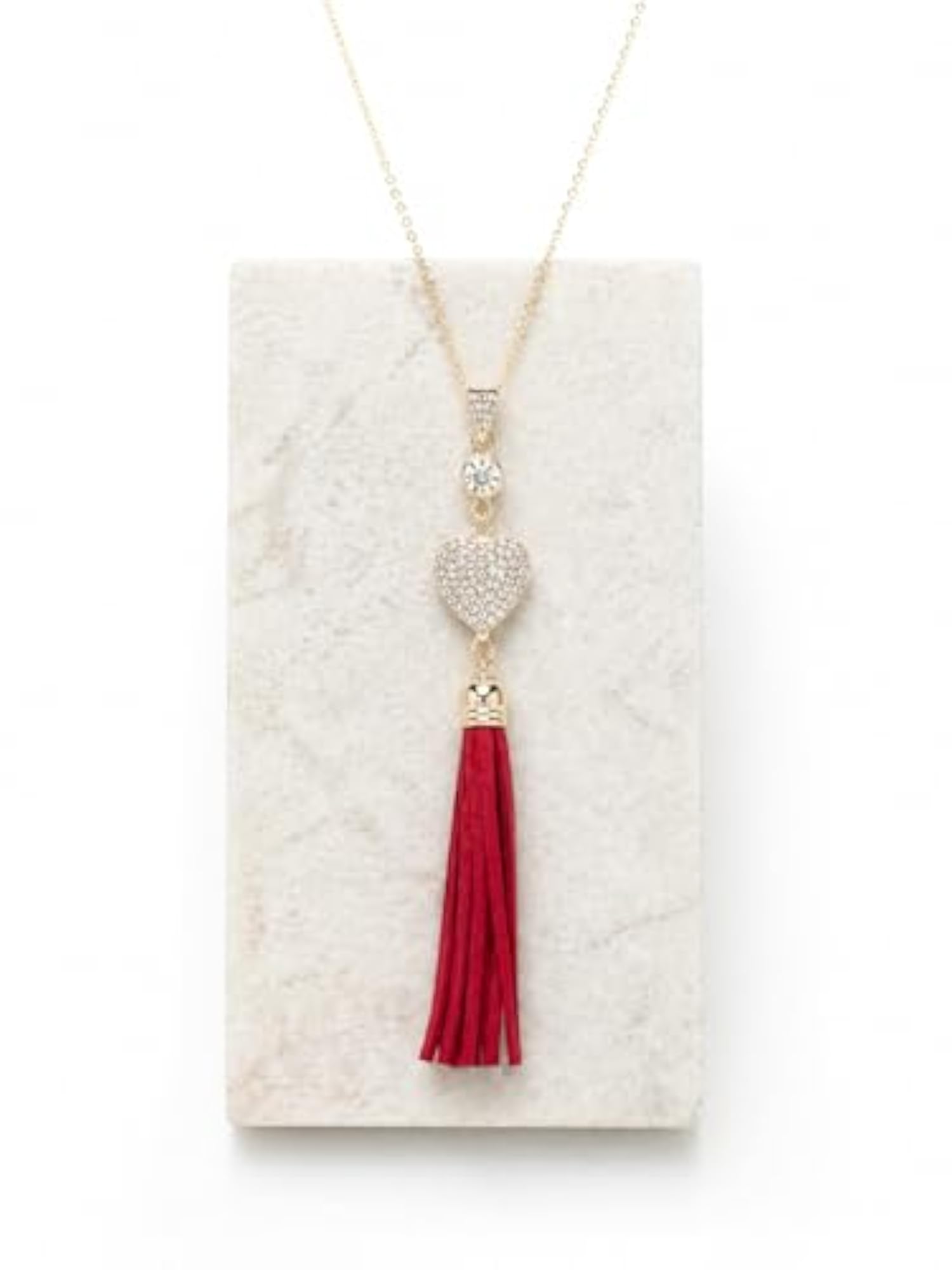 Gold Necklace with Heart & Red Tassel Pendant + Cuff Bracelet Set