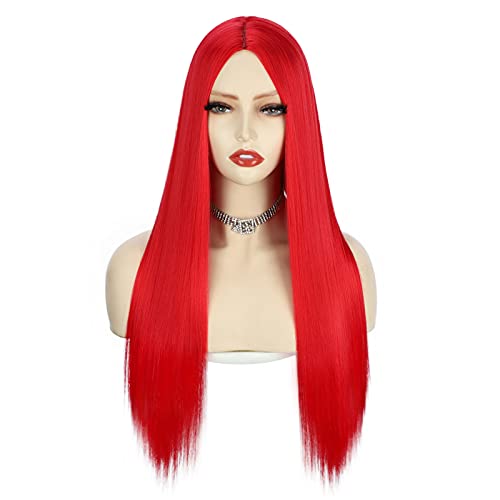 ENTRANCED STYLES Red Wigs for Women, Long Straight Wig Middle Part Colored Wigs Heat Resistant Synthetic Wig Cosplay Bachelorette Party Wigs 26 Inch