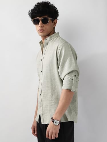 Image of Urbano Fashion Men's Linen Blend Full Sleeve Relaxed Fit Mandarin Collar Casual Solid Shirt