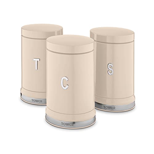 Tower T826171CHA Belle Set of 3 Canisters, Tea/Coffee/Sugar Storage, Chantilly Cream