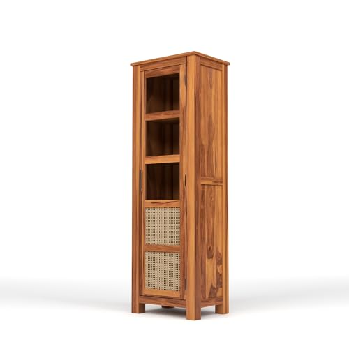 Image of Solid Sheesham Wood Bookshelf with Acrylic Glass Door | Rosewood Kitchen Cabinet with Storage Shelves for Dining Room & Office (B-Natural Finish)