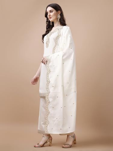 Image of Pratham Blue Kurta Set for Women Silk Embroidered Straight Kurta Set for Women with Palazzos and Dupatta