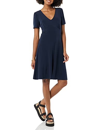 Image of Amazon Essentials Women's Short Sleeve V-Neck Gathered Flattering Fit and Flare Dress