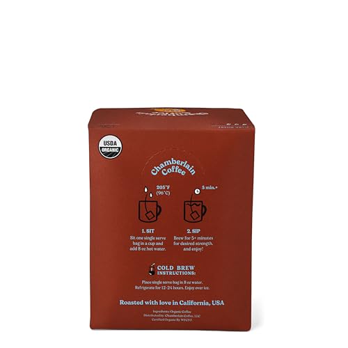 Chamberlain Coffee Night Owl Blend Cold Brew Singles - Dark Roast Organic Coffee Single Serve Bags with Notes of Rich Dark Chocolate, Honey & Toasted Walnuts - 10 Single Serve Cold Brew Sachets