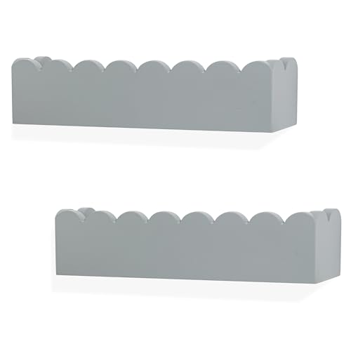 Image of PHOENANCEE Scalloped Book Shelf,Nursery Bookshelf,Kids Floating Shelves Wood,Baby Toys Storage Decor Organizer Wall Mounted for Living Room Bedroom,Wavy Edge,Preassembled,2 Pack,Pine(Gray)