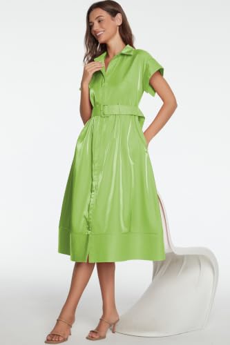 Image of Ladyful Women Casual Button Down Shirt Dress Short Wing Sleeve Buiness Midi Shirt Dress with Belt Elegant Dress